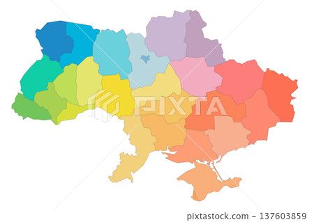 Ukraine political map of administrative divisions - regions, two cities with special status of Kyiv and Sevastopol, and autonomous republic of Crimea. Rainbow spectrum colorful blank vector map. 137603859
