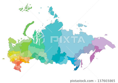 Russia political map of administrative divisions - oblasts, republics, autonomous okrugs, krais, autonomous oblast and 2 federal cities of Moscow and Saint Petersburg. Rainbow spectrum colorful blank 137603865