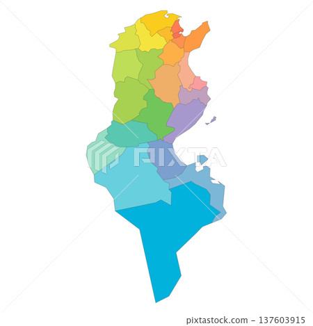Tunisia political map of administrative divisions - governorates. Rainbow spectrum colorful blank vector map. 137603915