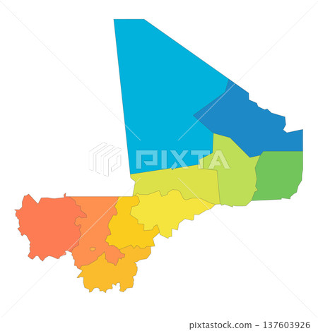 Mali political map of administrative divisions - regions and capital district of Bamako. Rainbow spectrum colorful blank vector map. Mali political map of administrative divisions - regions and capital district of Bamako. Rainbow spectrum colorful blank vector map. 137603926