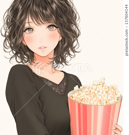 女孩卡通插畫爆米花和女人 137604144