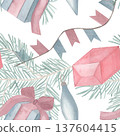 Watercolor festive seamless pattern with Christmas gifts, pine branches, garland, ornaments in soft muted colors. Hand drawn holiday illustration suitable for wrapping paper, textiles, seasonal prints 137604415