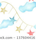 Watercolor seamless pattern of a star garland with soft clouds in pastel tones. Hand drawn nursery decor element suitable for baby room designs, prints, baby shower, textiles, wallpaper, greeting card 137604416