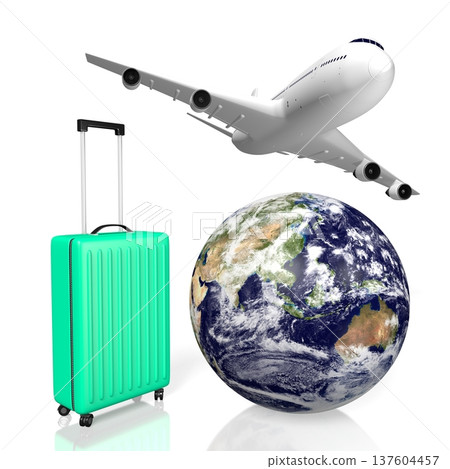 Earth, suitcase and flying plane - travel concept - 3D illustration Earth, suitcase and flying plane - travel concept - 3D illustration 137604457
