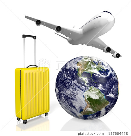 Earth, suitcase and flying plane - travel concept - 3D illustration Earth, suitcase and flying plane - travel concept - 3D illustration 137604458