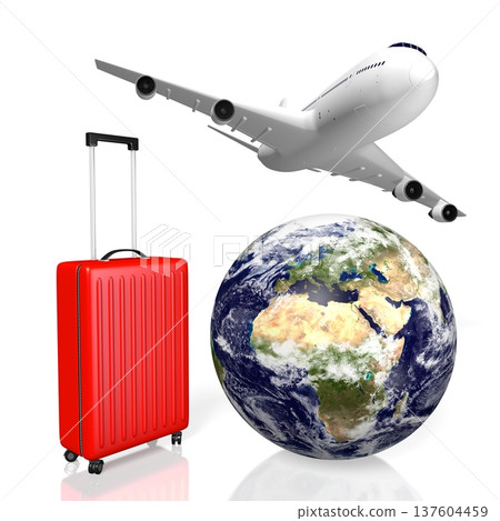 Earth, suitcase and flying plane - travel concept - 3D illustration Earth, suitcase and flying plane - travel concept - 3D illustration 137604459