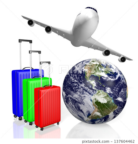 Earth, suitcases and flying plane - travel concept - 3D illustration 137604462