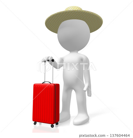 Cartoon character with a suitcase and straw hat - tourist concept - 3D illustration 137604464