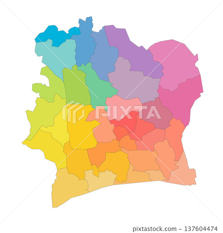 Ivory Coast political map of administrative divisions - regions and autonomous districts. Rainbow spectrum colorful blank vector map. 137604474