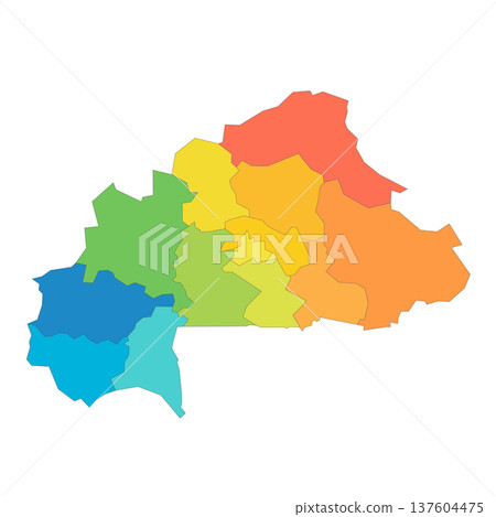Burkina Faso political map of administrative divisions - regions. Rainbow spectrum colorful blank vector map. 137604475