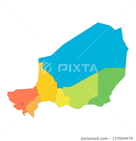 Niger political map of administrative divisions - regions and capital city of Niamey. Rainbow spectrum colorful blank vector map. 137604479