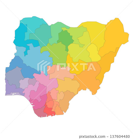 Nigeria political map of administrative divisions - states and federal capital territory. Rainbow spectrum colorful blank vector map. 137604480