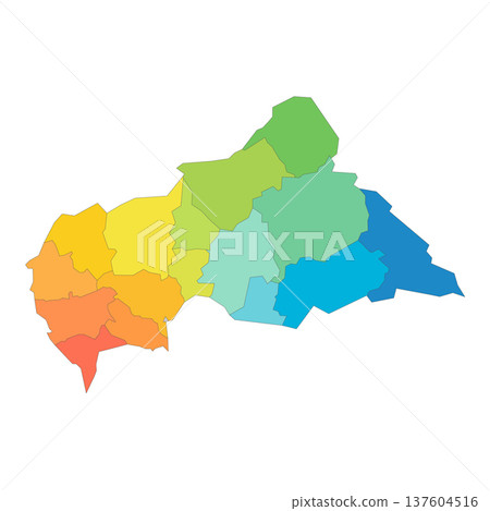 Central African Republic political map of administrative divisions - prefectures and autonomous commune Bangui. Rainbow spectrum colorful blank vector map. 137604516
