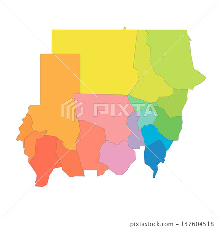 Sudan political map of administrative divisions - states. Rainbow spectrum colorful blank vector map. Sudan political map of administrative divisions - states. Rainbow spectrum colorful blank vector map. 137604518