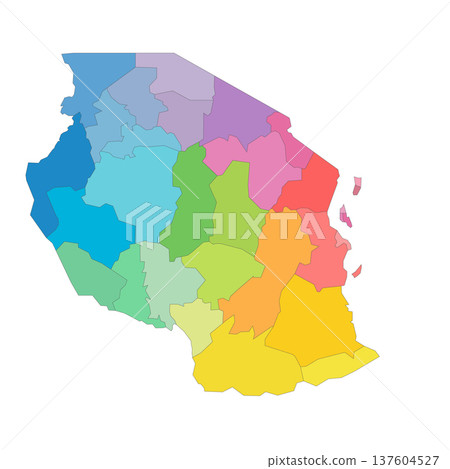 Tanzania political map of administrative divisions - regions. Rainbow spectrum colorful blank vector map. 137604527
