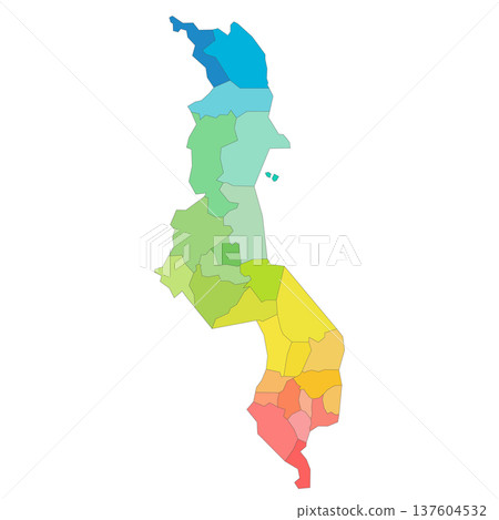Malawi political map of administrative divisions - districts. Rainbow spectrum colorful blank vector map. Malawi political map of administrative divisions - districts. Rainbow spectrum colorful blank vector map. 137604532