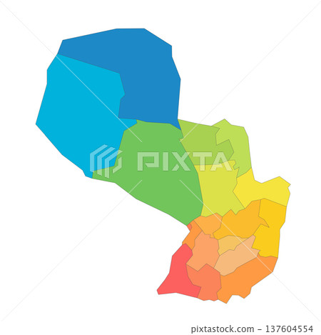 Paraguay political map of administrative divisions - departments and capital district. Rainbow spectrum colorful blank vector map. Paraguay political map of administrative divisions - departments and capital district. Rainbow spectrum colorful blank vector map. 137604554