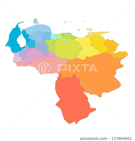 Venezuela political map of administrative divisions - states, capital district and federal dependencies. Rainbow spectrum colorful blank vector map. Venezuela political map of administrative divisions - states, capital district and federal dependencies. Rainbow spectrum colorful blank vector map. 137604601