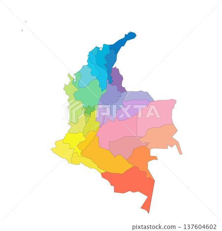 Colombia political map of administrative divisions - departments and capital district. Rainbow spectrum colorful blank vector map. 137604602
