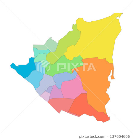 Nicaragua political map of administrative divisions - departments and autonomous regions. Rainbow spectrum colorful blank vector map. Nicaragua political map of administrative divisions - departments and autonomous regions. Rainbow spectrum colorful blank vector map. 137604606