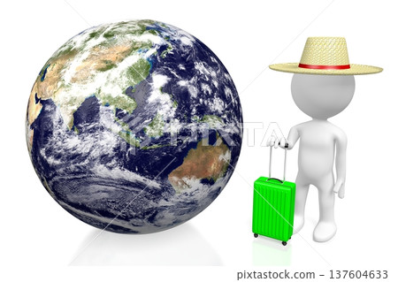 Cartoon character tourist with suitcase and Earth - travel concept - 3D illustration Cartoon character tourist with suitcase and Earth - travel concept - 3D illustration 137604633
