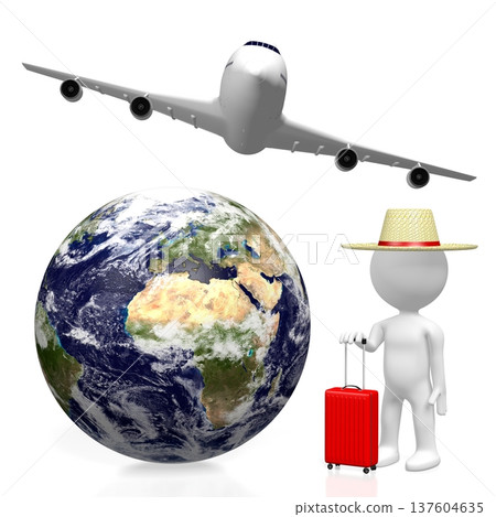 Cartoon character tourist with suitcase, Earth and flying plane - travel concept - 3D illustration 137604635