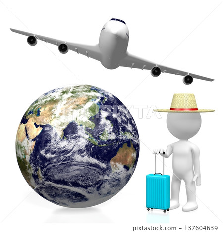 Cartoon character tourist with suitcase, Earth and flying plane - travel concept - 3D illustration Cartoon character tourist with suitcase, Earth and flying plane - travel concept - 3D illustration 137604639