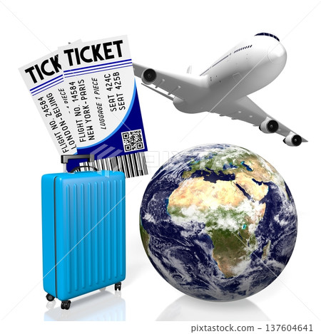 Earth, suitcase, flying plane and tickets - travel concept - 3D illustration Earth, suitcase, flying plane and tickets - travel concept - 3D illustration 137604641