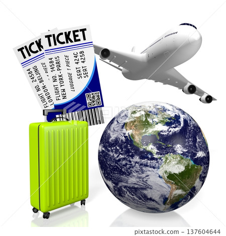 Earth, suitcase, flying plane and tickets - travel concept - 3D illustration Earth, suitcase, flying plane and tickets - travel concept - 3D illustration 137604644