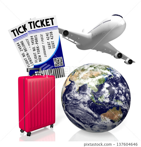 Earth, suitcase, flying plane and tickets - travel concept - 3D illustration 137604646