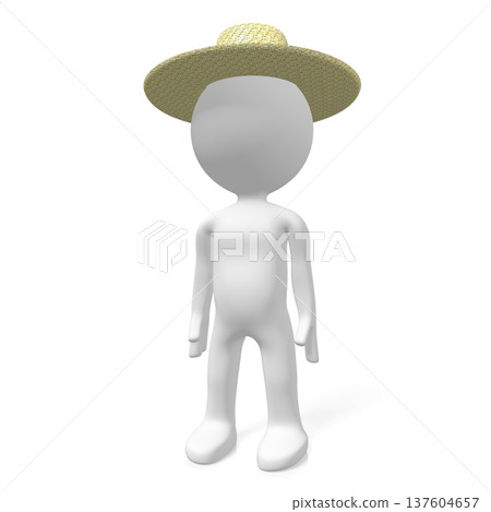 Cartoon character wearing straw hat - tourist concept - 3D illustration Cartoon character wearing straw hat - tourist concept - 3D illustration 137604657