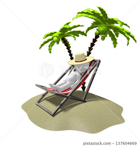 Cartoon character laying on a deckchair under palm trees on desert island - 3D illustration Cartoon character laying on a deckchair under palm trees on desert island - 3D illustration 137604669