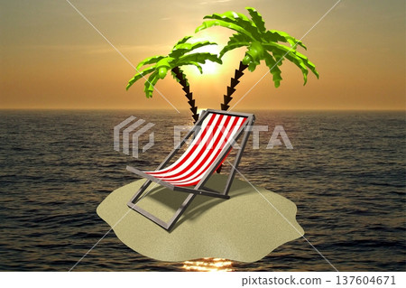 Deckchair and palm trees on desert island surrounded by ocean - 3D illustration 137604671