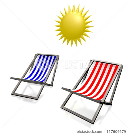 Two deckchairs and sun isolated on white background - 3D illustration 137604679
