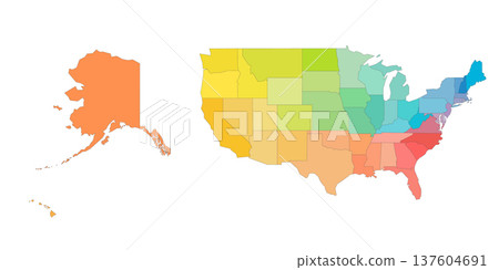 United States of America political map of administrative divisions - states and federal district Washington, D.C. Rainbow spectrum colorful blank vector map. United States of America political map of administrative divisions - states and federal district Washington, D.C. Rainbow spectrum colorful blank vector map. 137604691