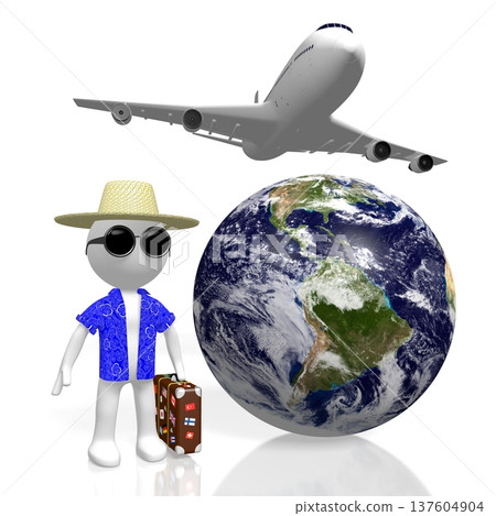 Cartoon character tourist with a suitcase, Earth and flying plane - 3D illustration 137604904