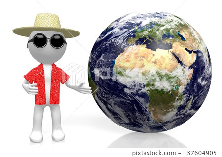 Cartoon character tourist and Earth - 3D illustration Cartoon character tourist and Earth - 3D illustration 137604905