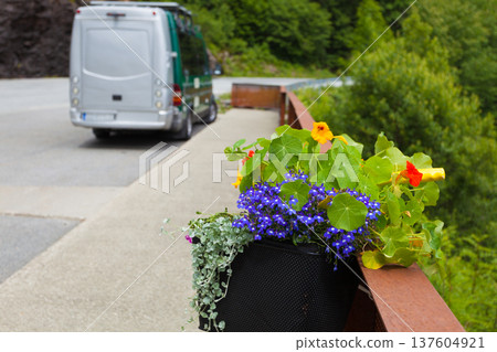 Camper car on parking area, Norway, Ryfylke route Camper car on parking area, Norway, Ryfylke route 137604921
