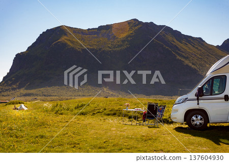 Camper van on nature, Lofoten Norway Camper van on nature, Lofoten Norway 137604930