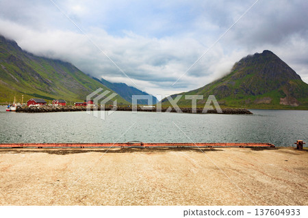 Norwegian fishing village red huts, Lofoten Norway Norwegian fishing village red huts, Lofoten Norway 137604933