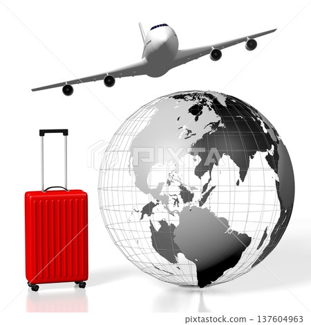 Geometrical Earth, flying plane and suitcase - travel concept - 3D illustration 137604963