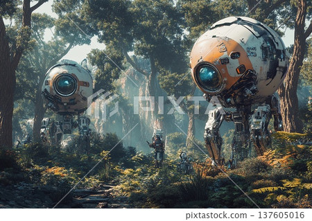 Robotic foresters manage a futuristic forest environment during daylight hours 137605016