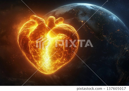 Massive glowing heart pumps clean water and oxygen into space to sustain life on Earth from a vibrant perspective 137605017