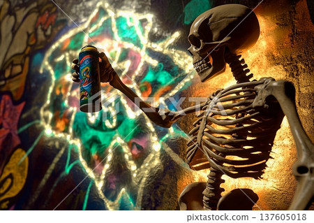 Skeleton creates colorful graffiti while holding a spray paint can in an urban setting at night 137605018