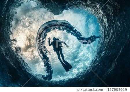 Diver prepares to explore the tentacles of a gigantic jellyfish in crystal clear ocean waters 137605019