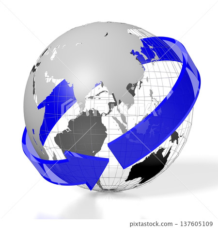 World map - Asia and Australia side - with blue arrow - travel concept - 3D illustration World map - Asia and Australia side - with blue arrow - travel concept - 3D illustration 137605109