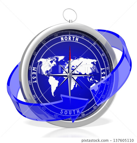 Compass with world map and arrow - travel concept - 3D illustration Compass with world map and arrow - travel concept - 3D illustration 137605110