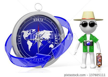 Cartoon character tourist and Earth with arrows - travel concept - 3D illustration 137605111