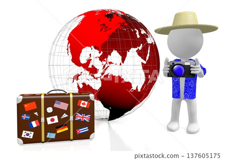 Tourist, Earth and luggage - 3D illustration Tourist, Earth and luggage - 3D illustration 137605175