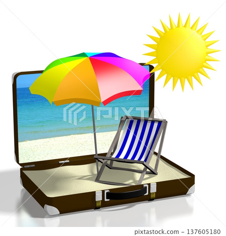 Sunbeds and umbrella inside travel suitcase - holiday concept - 3D illustration Sunbeds and umbrella inside travel suitcase - holiday concept - 3D illustration 137605180